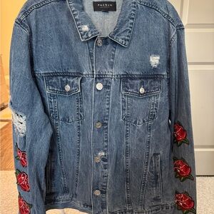PacSun Distressed Blue Denim Jacket with Red Floral Embroidery